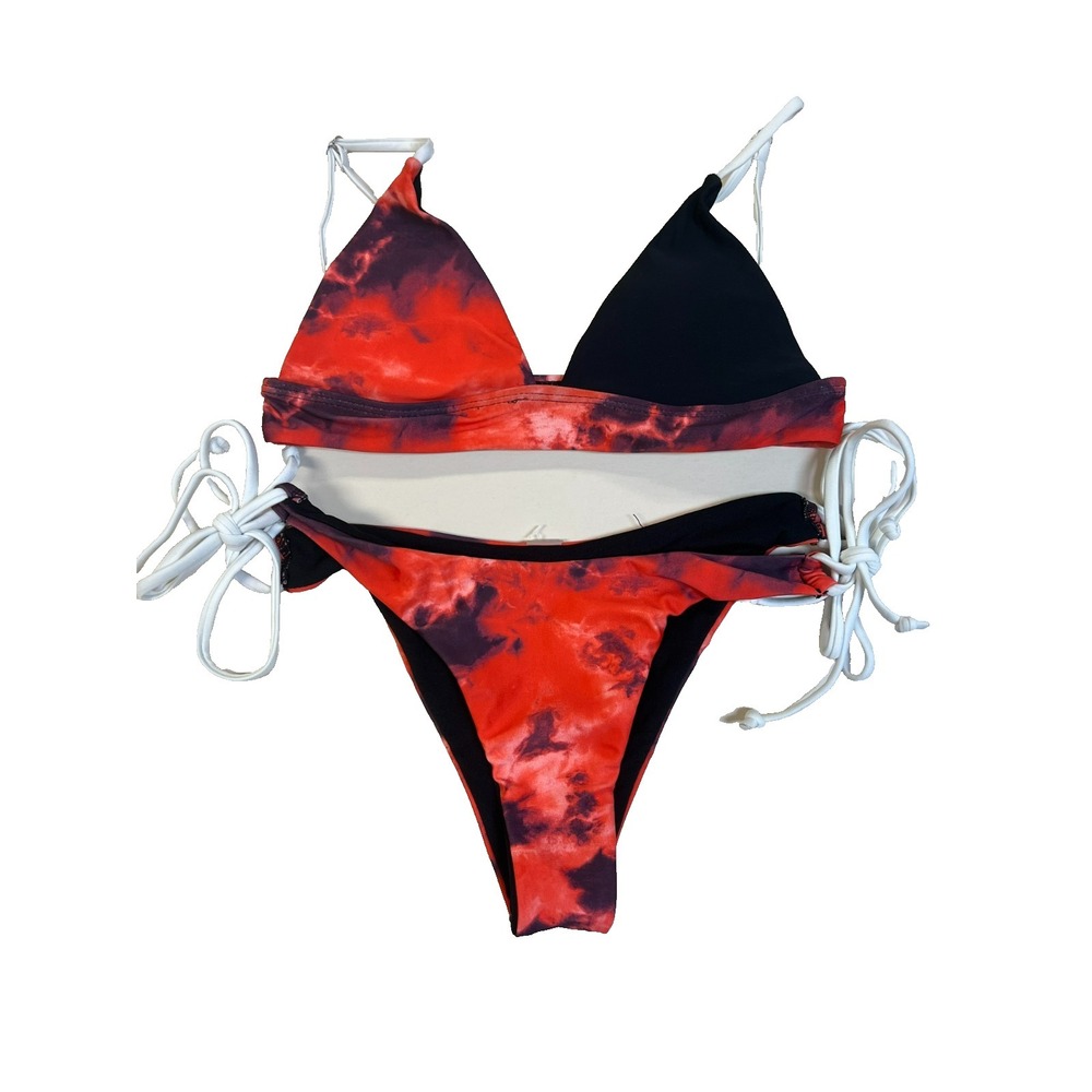 Tie Dye‎ Triangle Bikini Red Black White Adjustable Straps + Hip Ties SZ XS